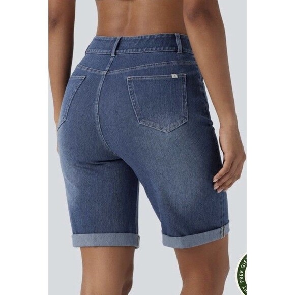 Halara Flex Denim High Waist Cuffed Leg Stretch Bermuda 9in Shorts Womens L - Picture 2 of 13